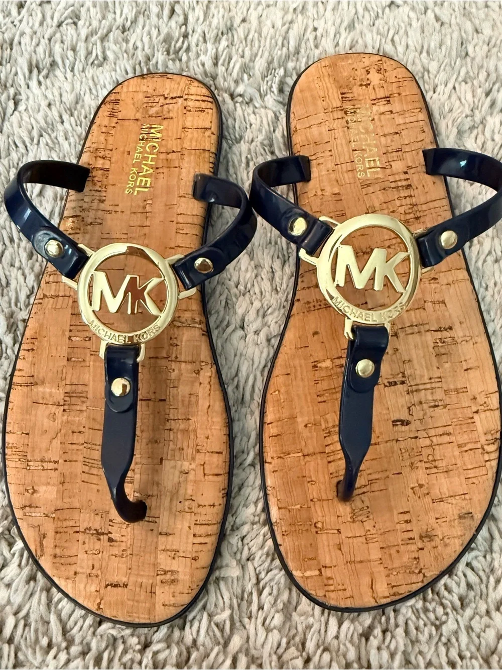 Michael Kors Navy & Gold MK Logo Cork-Style Thong Sandals beach summer luxury 7